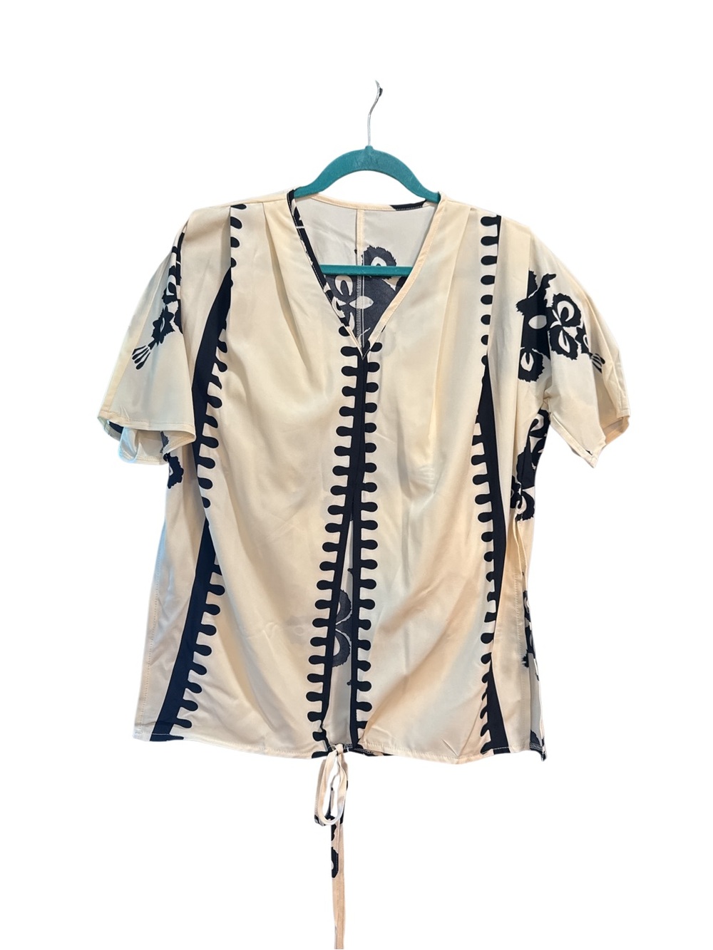Cream and Black Printed V-Neck Tie-Hem Women's Top